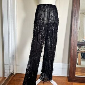 ZARA Black Mesh Sequin Fringe Straight Leg Dress Pants Elastic Waist Medium